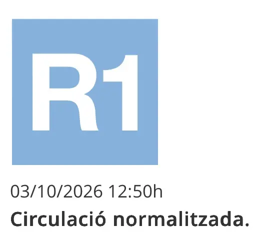 Incidència de la R1, reportada al web de Rodalies a les 12:50 del dia 3 d’octubre de 2026 amb el text: “Circulació normalitzada.”.
