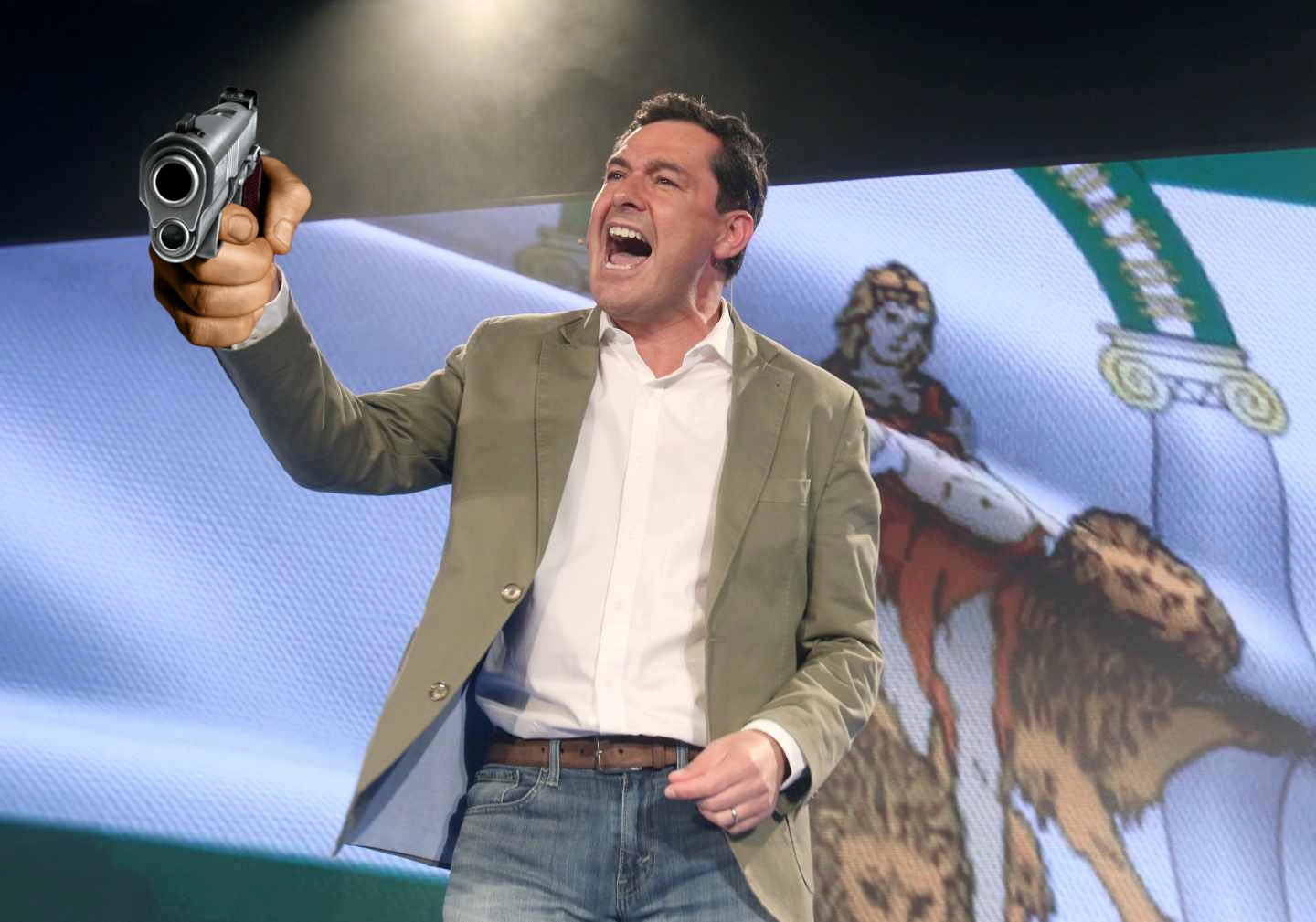 Juanma Moreno, presidente de la Junta de Andalucía, en un mítin gritando y con su brazo derecho levantado señalando.

En la mano de dicho brazo está superpuesta una mano con una pistola semiautomática.