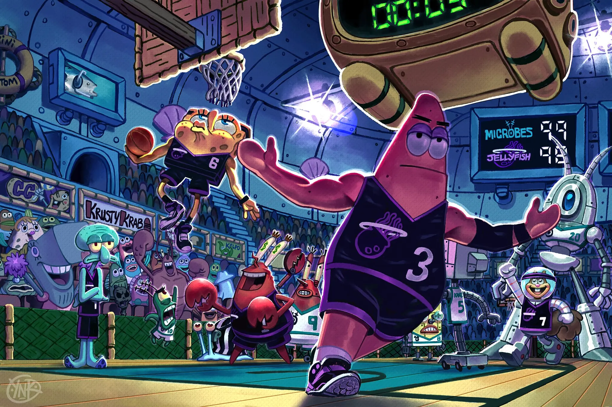 Dibujo con personajes de la serie Bob Esponja en un estadio de baloncesto.

En la cancha aparecen, principalmente, Bob Esponja saltando para tirar a canasta y Patricio haciendo corriendo serio con los brazos extendidos mostrándose victorioso.

Referenciándose a la foto del mate por Dwayne Wade y Lebron James en 2010.
